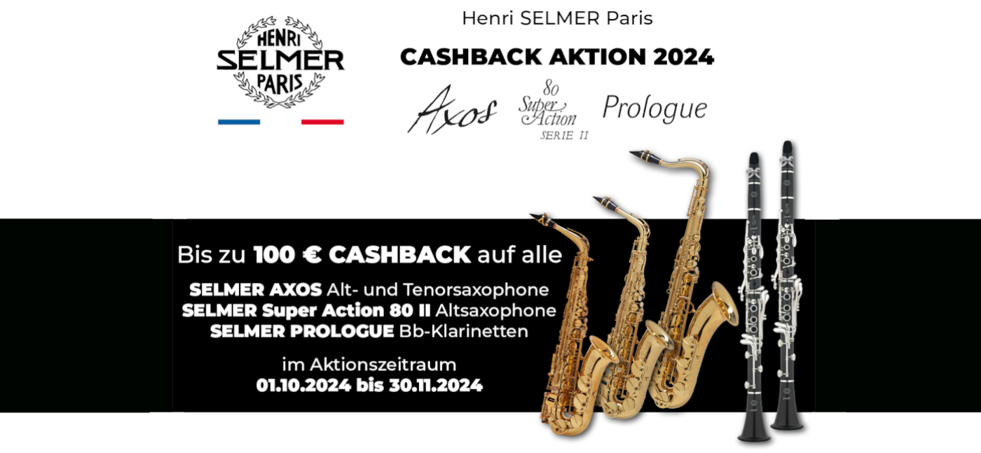 100 € Cashback auf teilnehmende Saxophone und 80 € Cashback auf Prologue B-Klarinetten! <br> <br> Für weitere Infos bitte hier klicken!